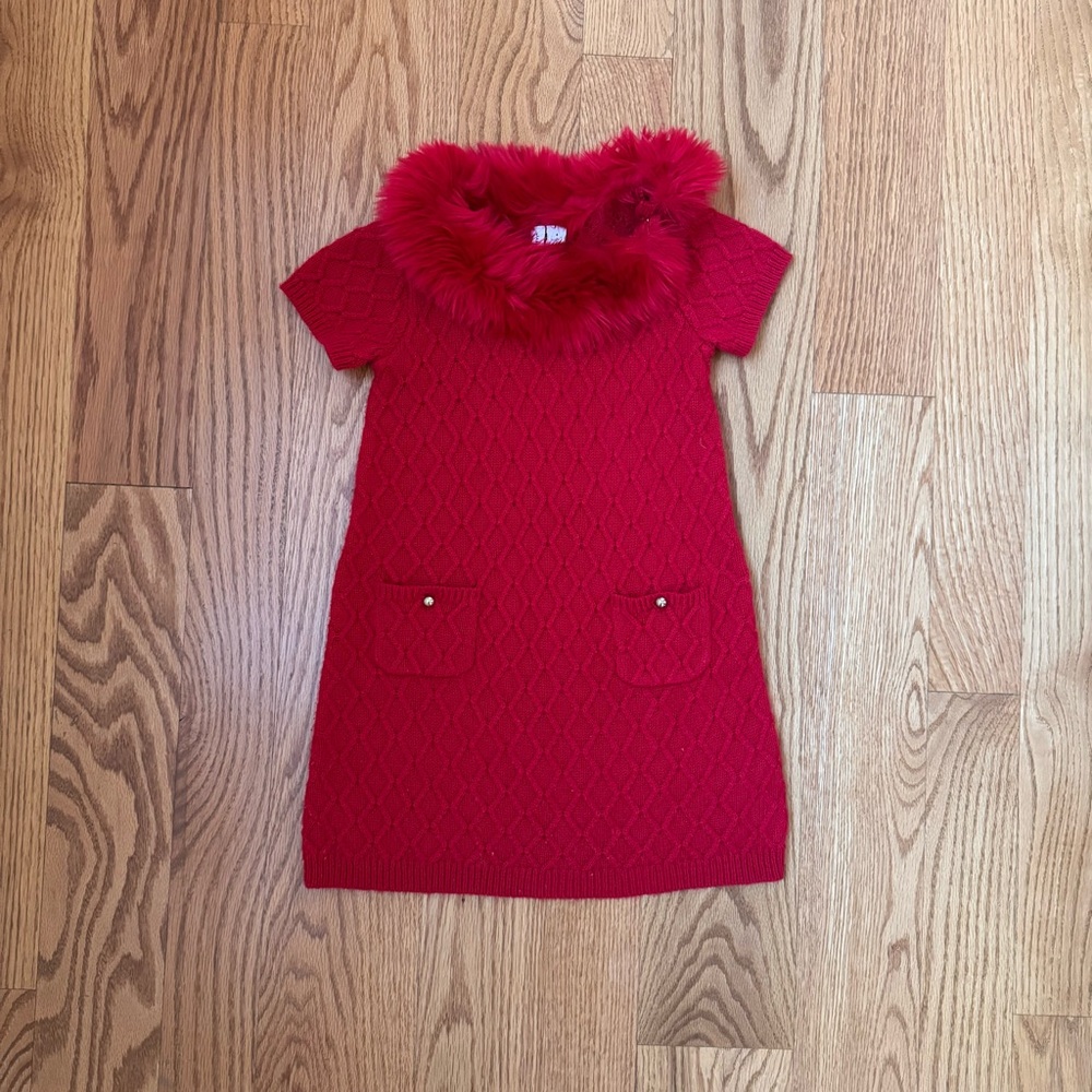EUC Janie and Jack sz 4 Elegant Red Kids Dress with Faux Fur Collar